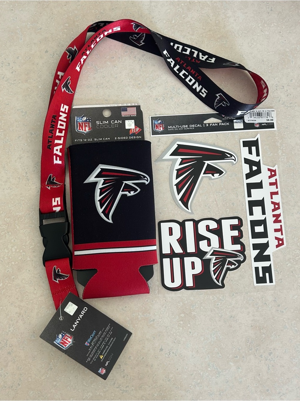 NFL Atlanta Falcons Red and Black Lanyard, Can Cooler & Sticker Set